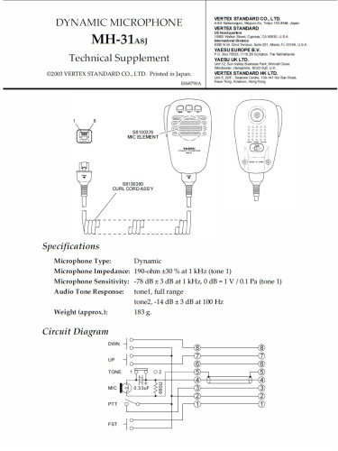 Yaesu MH-31A8J Микрофон, тангента, спецификация